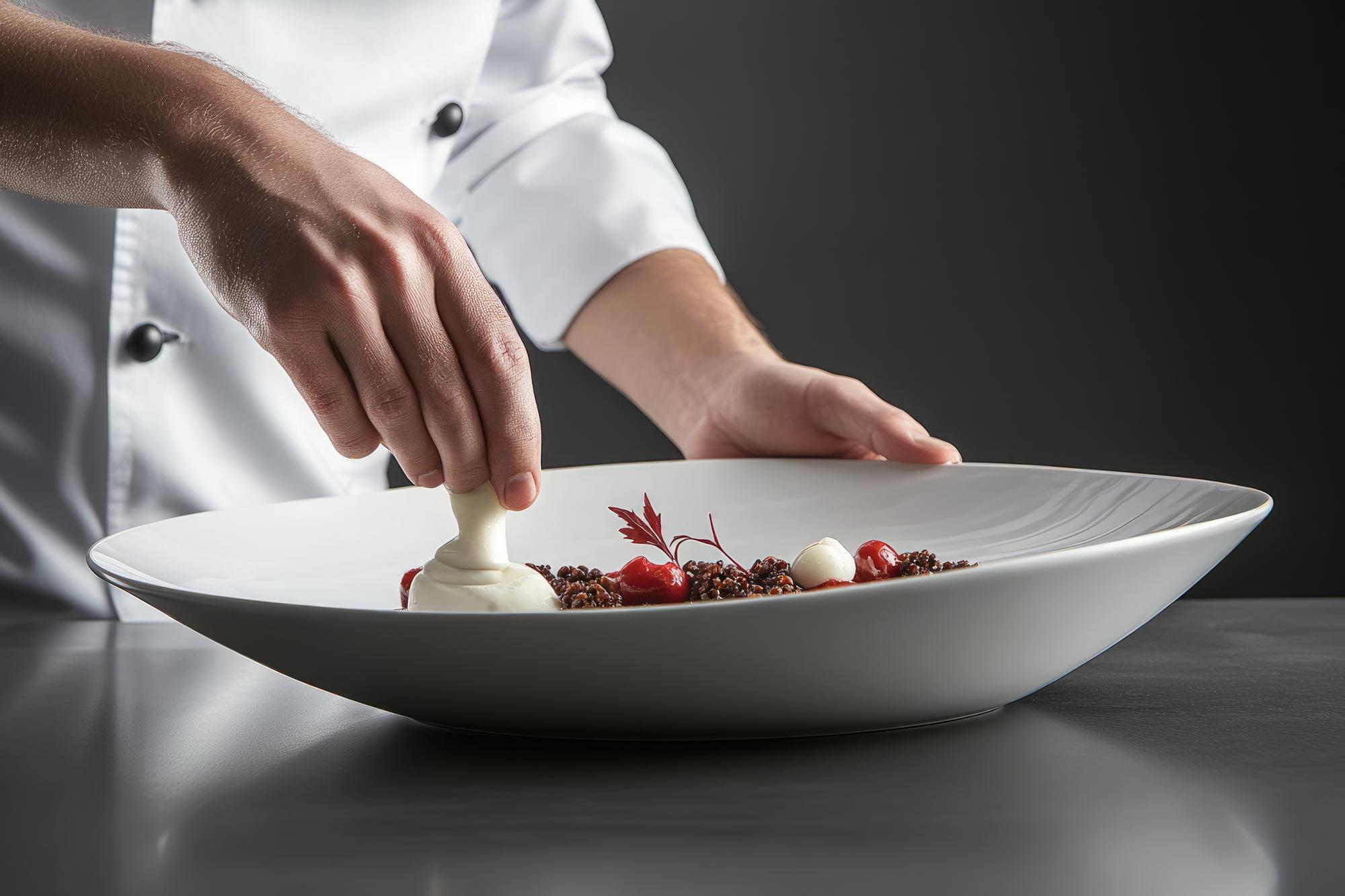 Chef arranging a simple plated dish